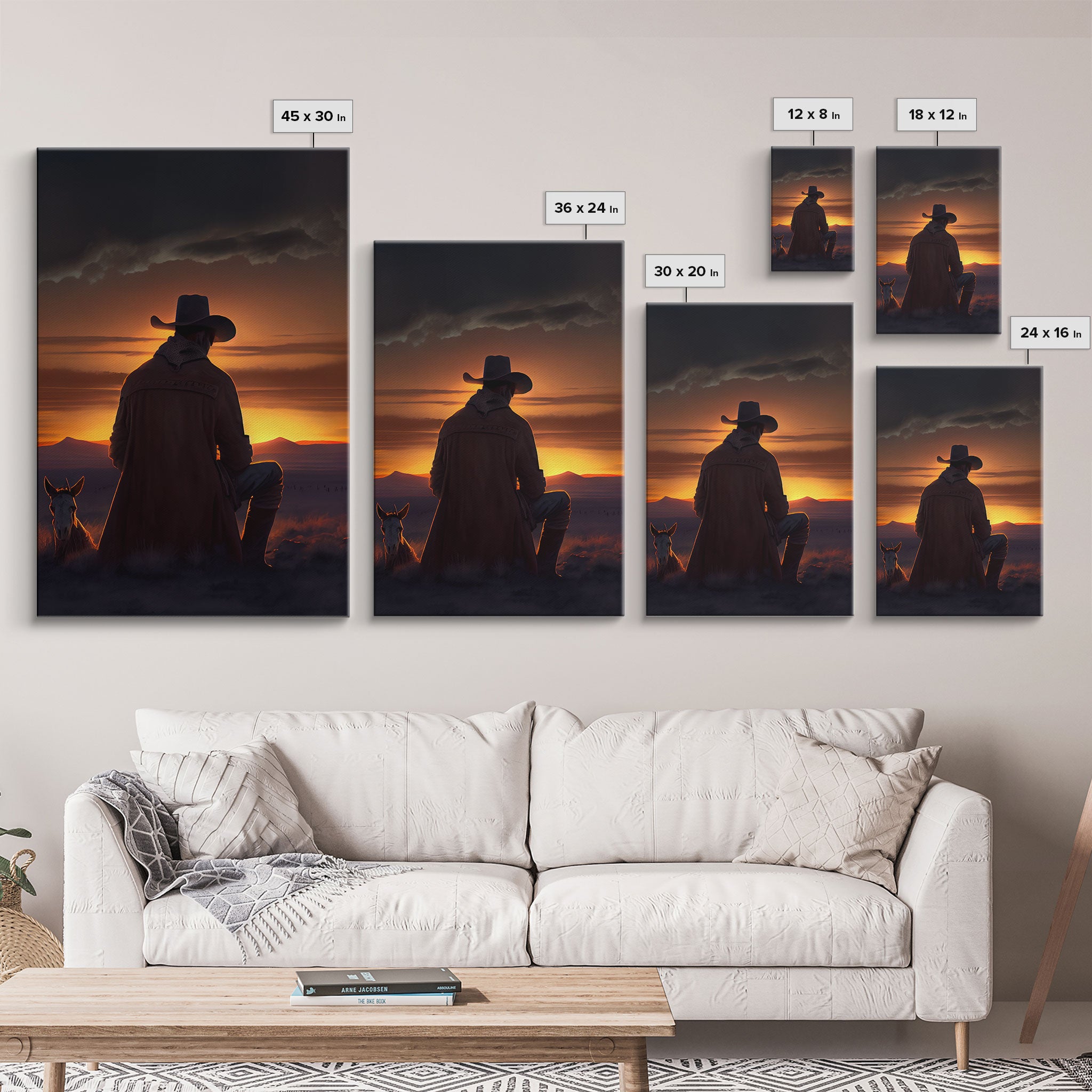 A cowboy and his horse at sunset, framed canvas art, canvas print, western decor, farmhouse art