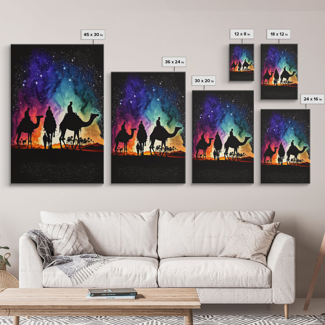 The Three Wise Men, Framed Canvas Print, Colorful Rainbow Art, 3 Wise Men, Camel Art, Starry Night Sky