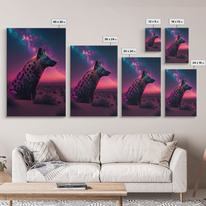 Portrait of a Neon Hyena, Laughing Hyenas, Framed Canvas Print, Unique Wall Art, Kid Room Art, Synthwave Retro Style Decor