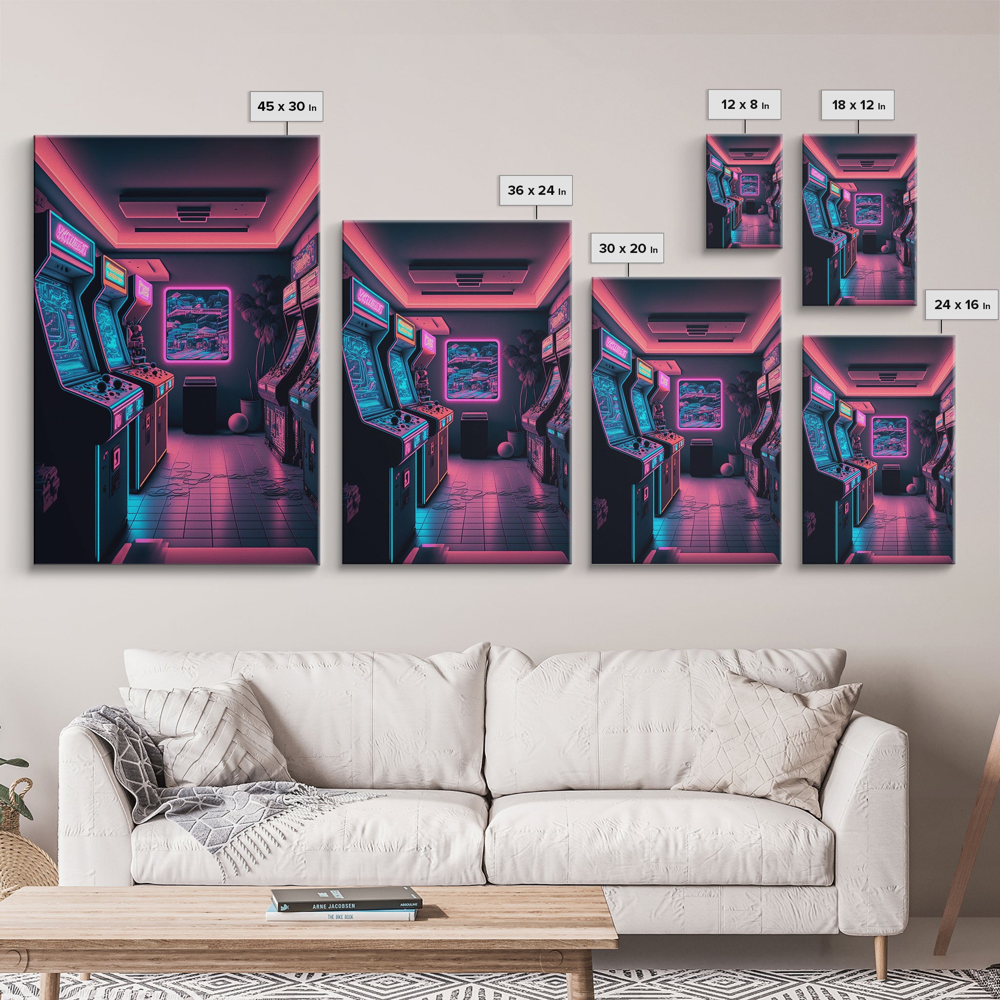 Neon Arcade, Gamer Room Decor, Unique Game Room Art, Framed Canvas Print, Synthwave Style Art, Vaporwave Gamer Art, Retrowave Arcade