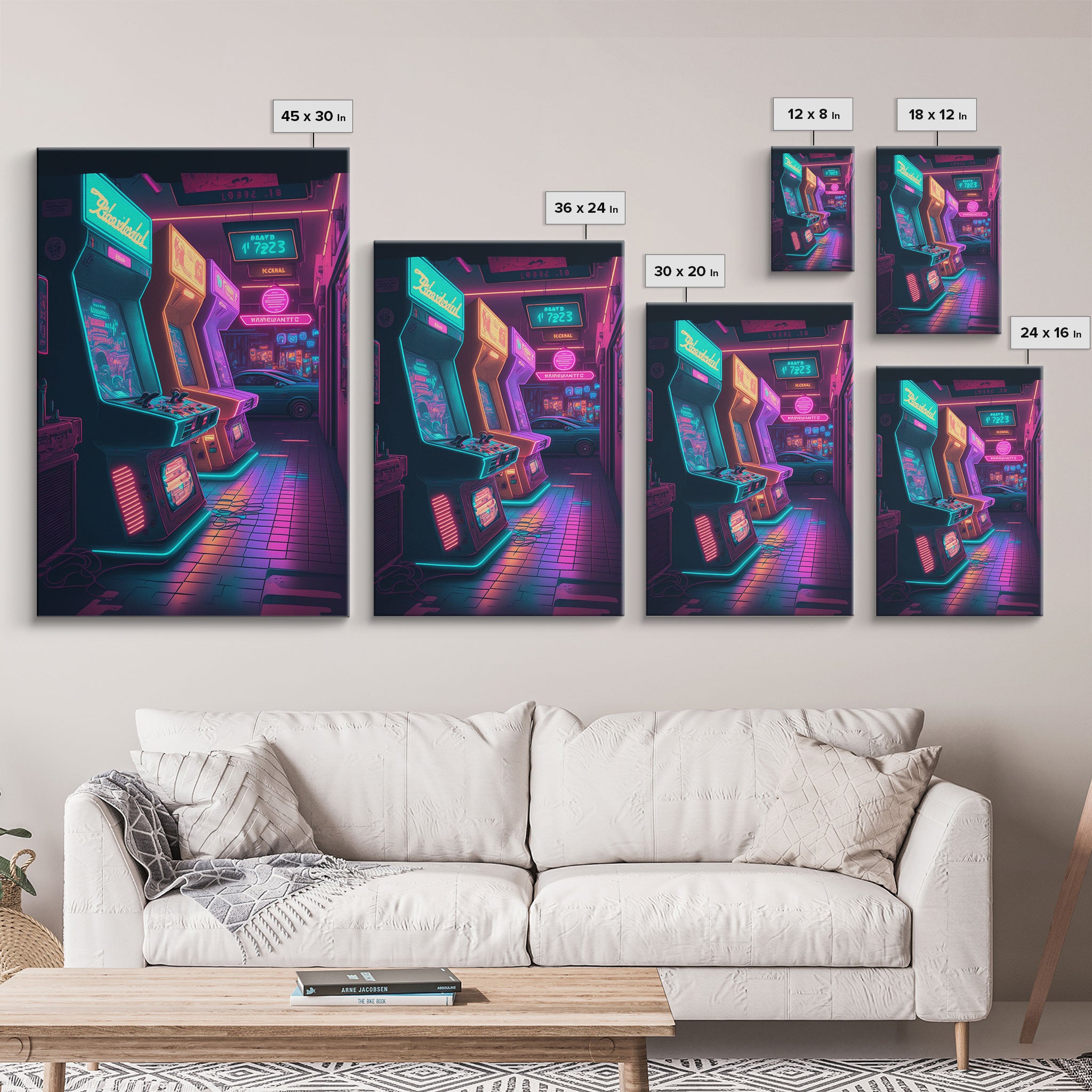 The Neon Arcade, Gamer Room Decor, Unique Game Room Art, Framed Canvas Print, Synthwave Style Art, Vaporwave Gamer Art, Retrowave Arcade