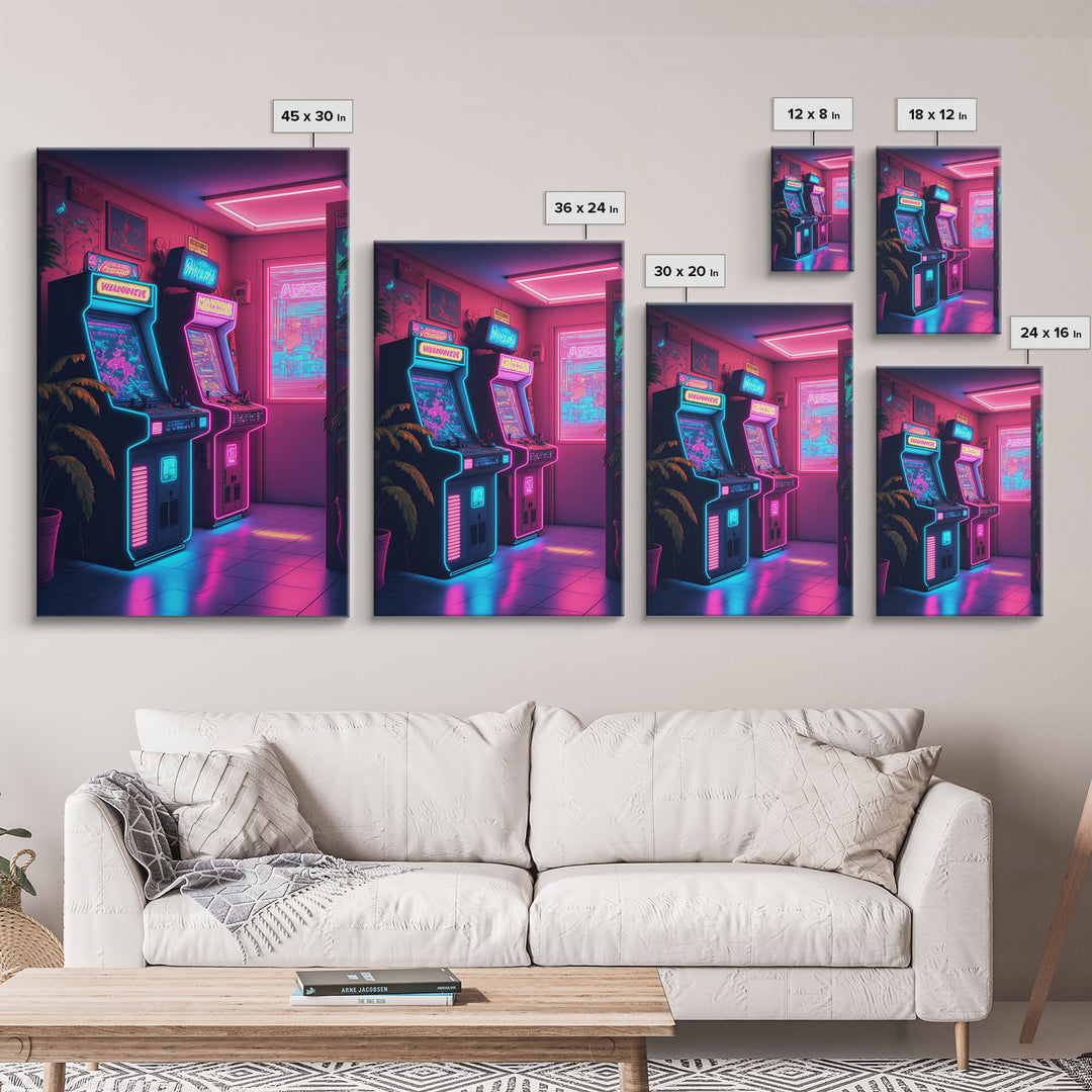 Retrowave Arcade Room, Neon Gamer Art, Framed Canvas Print, Framed Wall Art, Retrowave Arcade Decor, Game Room Art