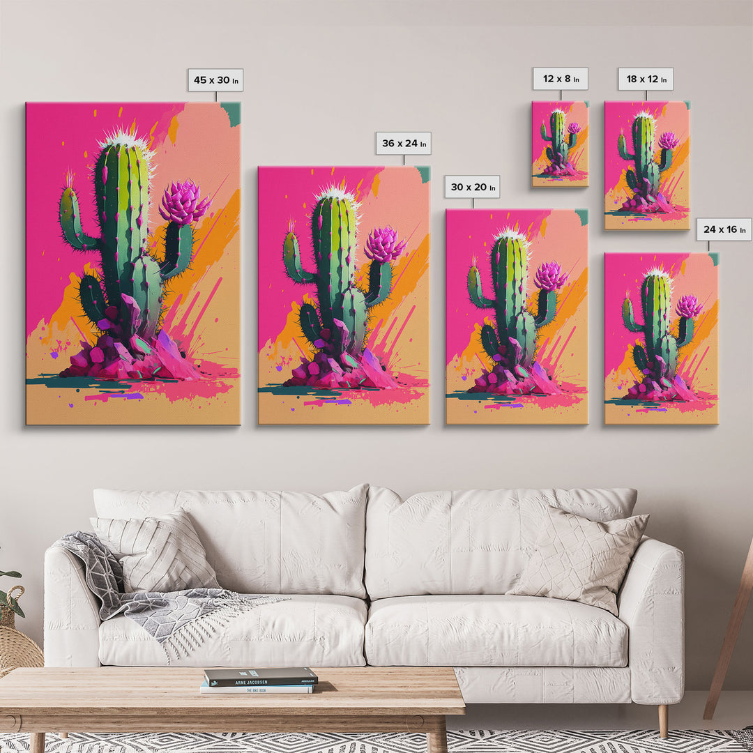 Pop Art Mexico Cactus Art, Synthwave Pink Art, Framed Canvas Print, Southwest Saguaro Cactus Succulent Art, Western Decor