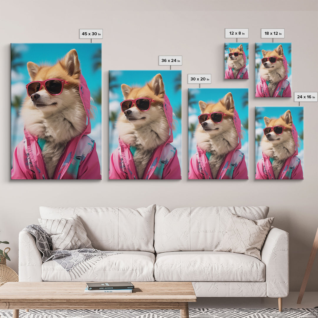 Pomeranian Wall Print, Dog With Shades, Dog Wall Art, Pink Shirt, Funny Wall Art, Framed Wall Art, Framed Canvas, Wall Print, Wall Canvas