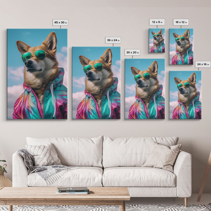 Shiba Inu Wall Print, Dog Wall Art, Dog With Shades, Colorful Hoodie, Funny Art, Framed Wall Art, Framed Canvas, Wall Print, Wall Canvas