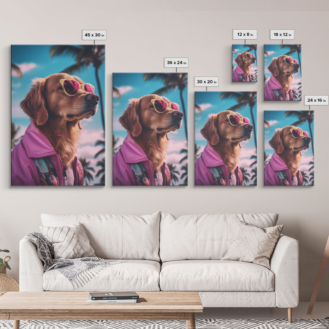 Golden Retriever Wall Print, Dog Wall Art, Dog With Shades, Pink Hoodie, Funny Art, Framed Wall Art, Framed Canvas, Wall Print, Wall Canvas