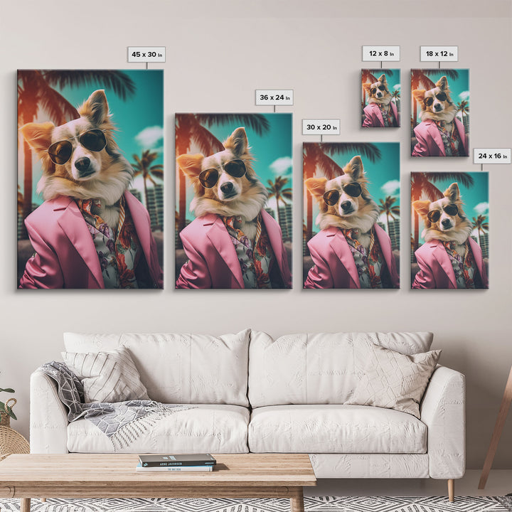 Corgi Wall Print, Dog Wall Art, Dog Sunglasses, Pink Suit, Floral Shirt, Funny Art, Framed Wall Art, Framed Canvas, Wall Print, Wall Canvas