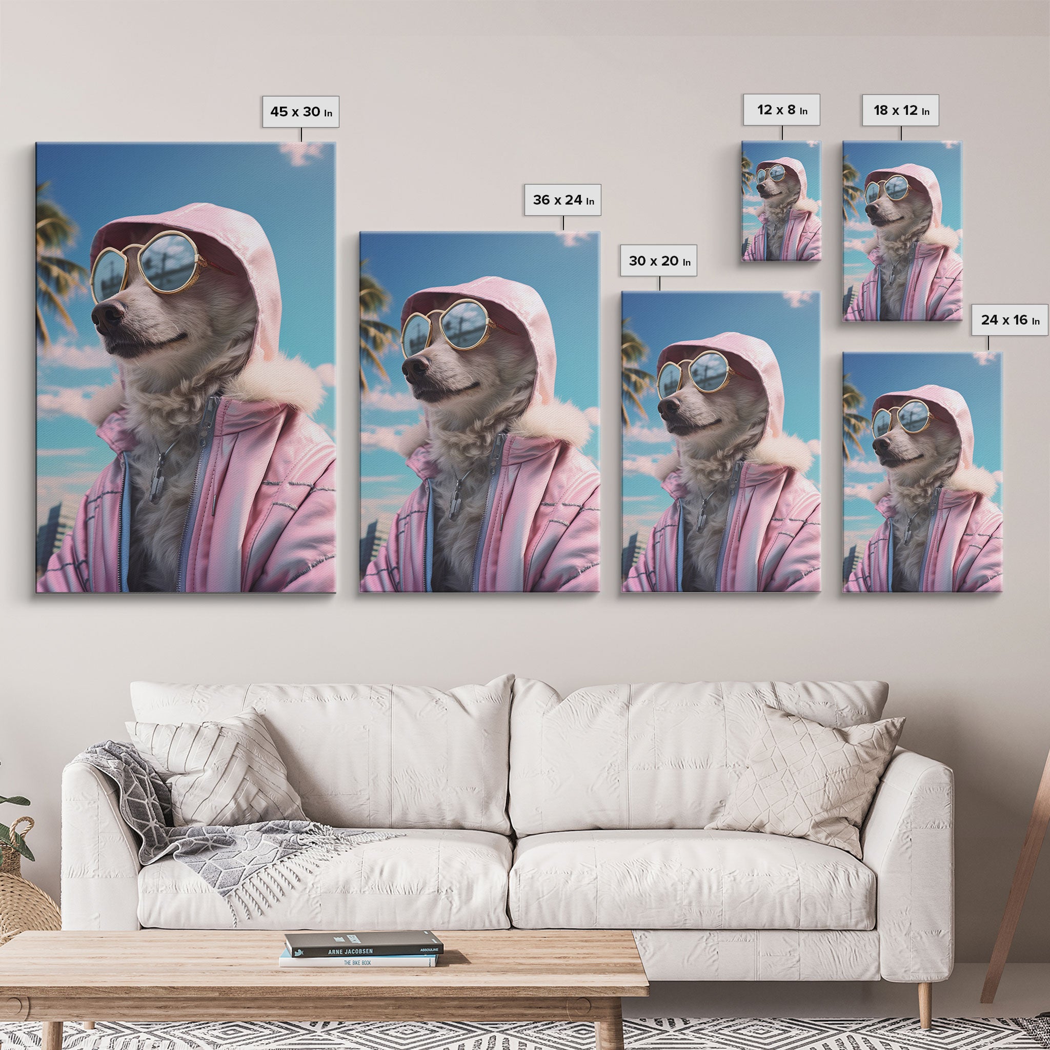 Japanese Spitz In Sunglasses Pink Hoodie Wall Print, Dog Portrait, Dog Art Print, Framed Wall Art, Framed Canvas, Wall Print, Wall Canvas