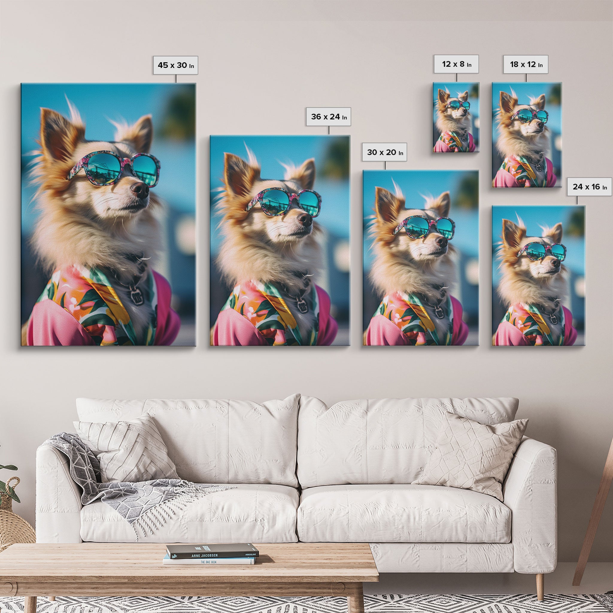 Long Haired Chihuahua In Pink Suit Sunglasses Wall Print, Dog Portrait, Dog Print, Framed Wall Art, Framed Canvas, Wall Print, Wall Canvas