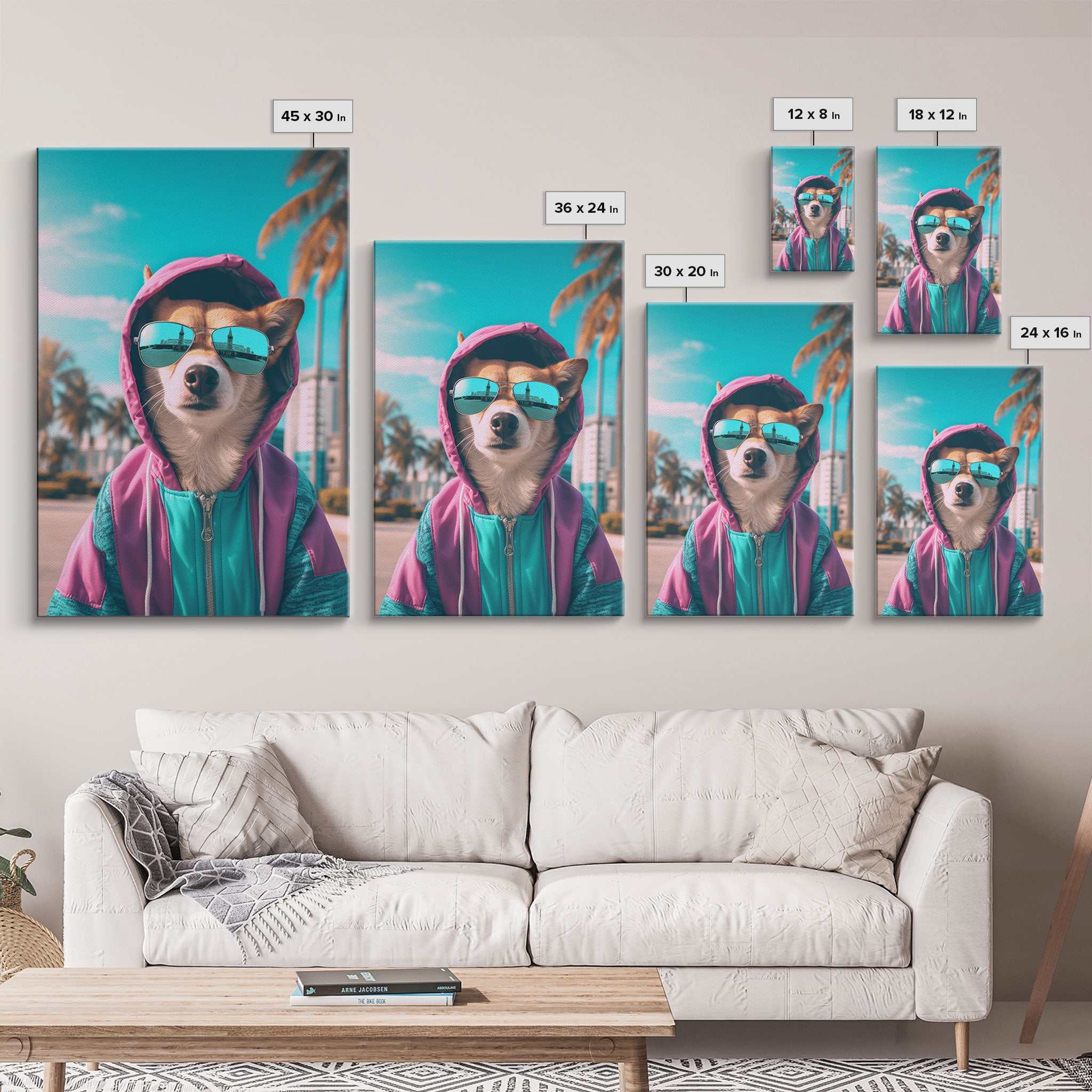 Corgi In Pink And Blue Hoodie Sunglasses Wall Print, Dog Art Print, Dog Portrait, Framed Wall Art, Framed Canvas, Wall Print, Wall Canvas