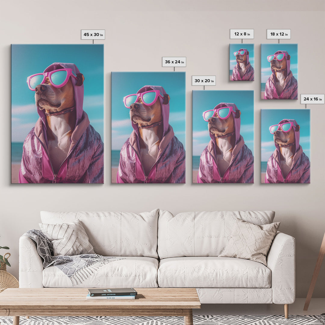 Pit Bull In Pink Hoodie Sunglasses Wall Print, Dog Décor, Dog Print, Dog Portrait, Framed Wall Art, Framed Canvas, Wall Print, Wall Canvas