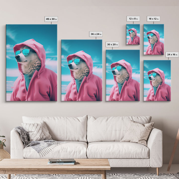 Husky In Pink Hoodie Sunglasses Wall Print, Dog Décor, Dog Print, Dog Portrait, Framed Wall Art, Framed Canvas, Wall Print, Wall Canvas