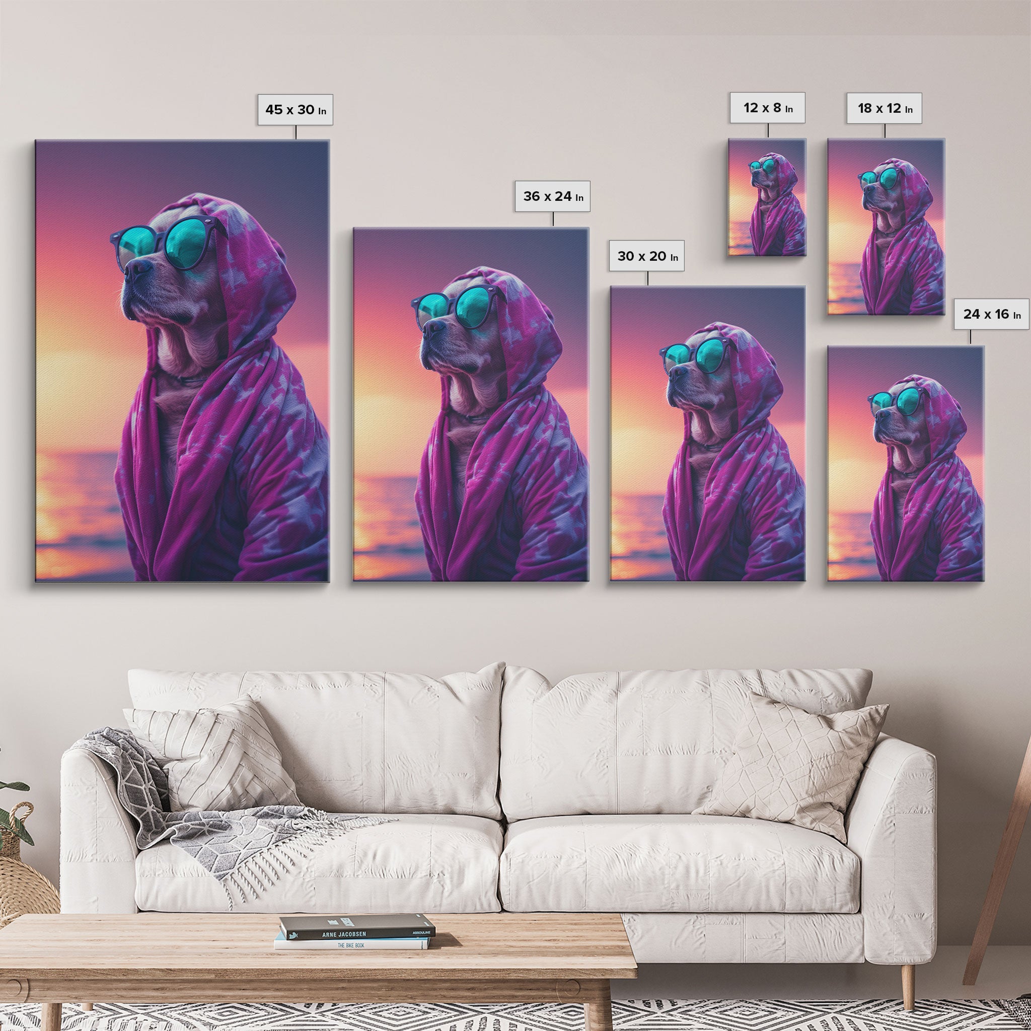 Pit Bull In Pink Hoodie Sunglasses Wall Print, Beach Art, Dog Print, Dog Portrait, Framed Wall Art, Framed Canvas, Wall Print, Wall Canvas