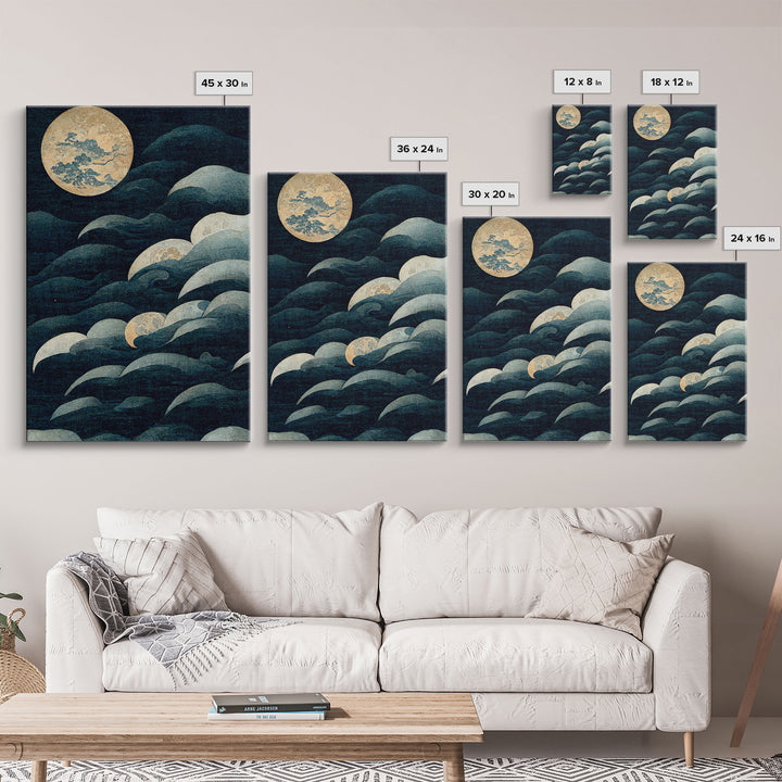 Japanese Style Wall Art, A Stormy Sea and Full Moon, Canvas Print, ready to hang wall art