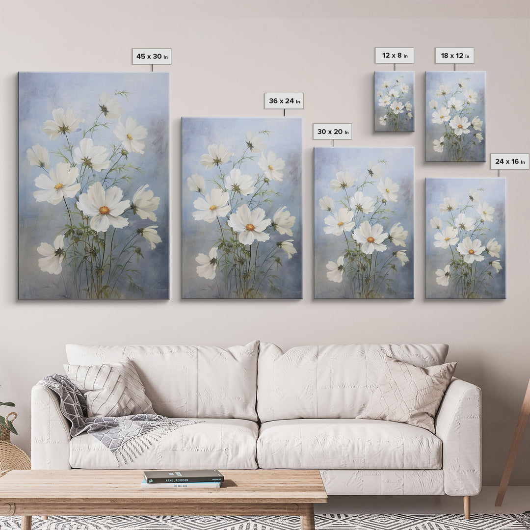 Cosmos Art Print - Framed Canvas Art - Oil Painting Poster Print  - White Flowers Still Life - Small Flower Bouquet Oil Painting Wall Art