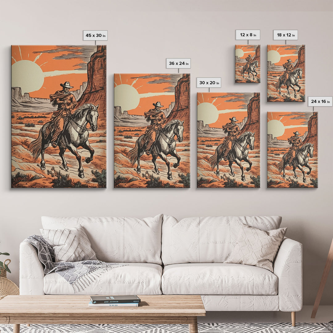 Rustic Horse Rider Oil Painting Canvas Print, Vintage Western Cowboy Art, Southwest Room Decor, Countryside Print, Country Art