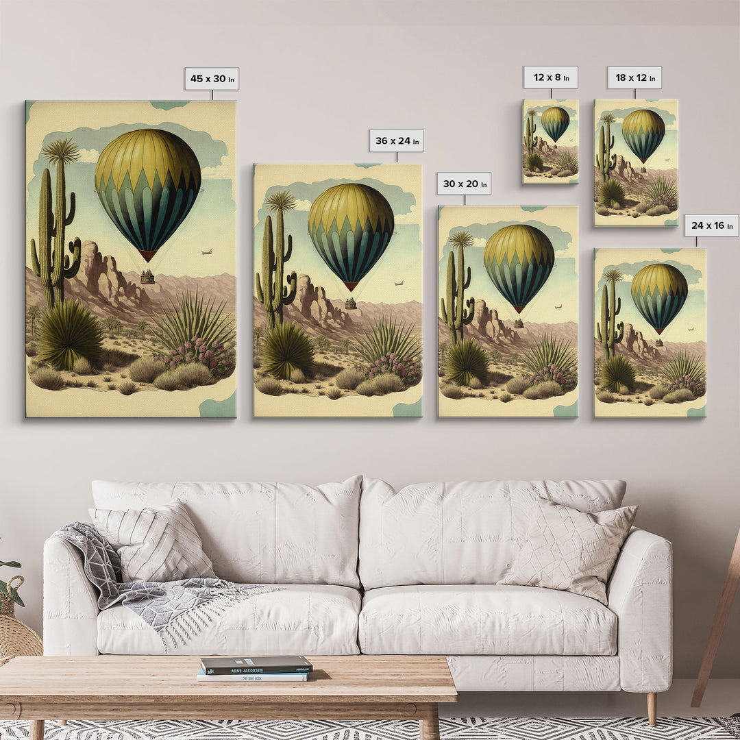 Retro Art Deco Style Hot Air Balloon Art, Framed Canvas print, framed wall art, desert landscape with cactus