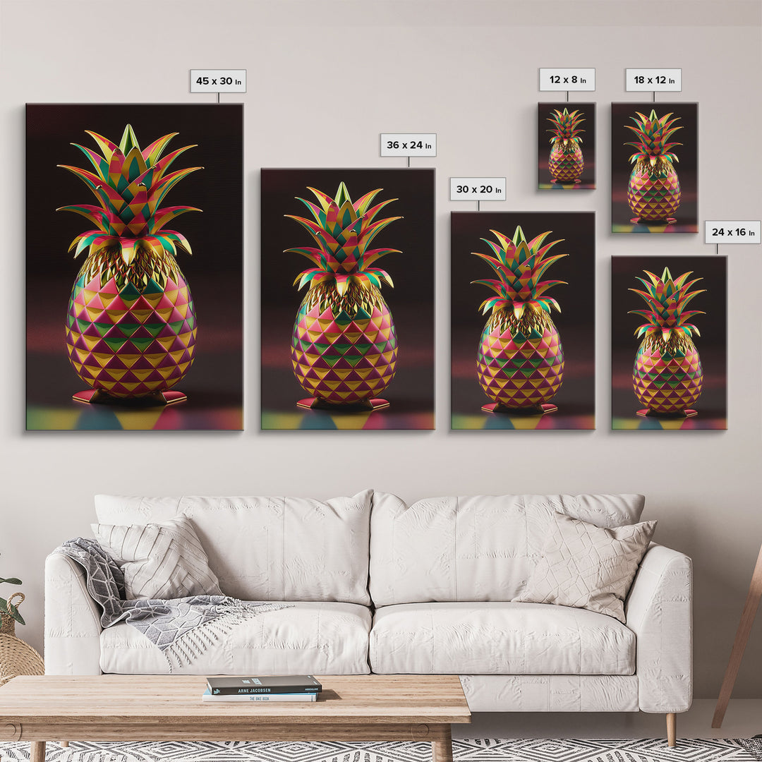 Metallic Pineapple Pop Art, Framed Canvas Print, Unique colorful wall art, Fruit Art