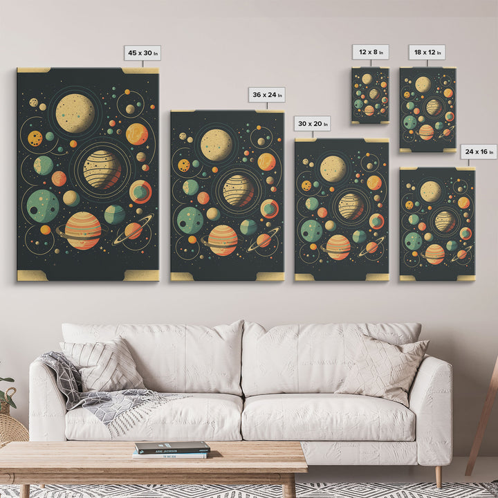 Art Deco Inspired Planetary Solar System Art, Framed Canvas Print, Cute Nursery Decor