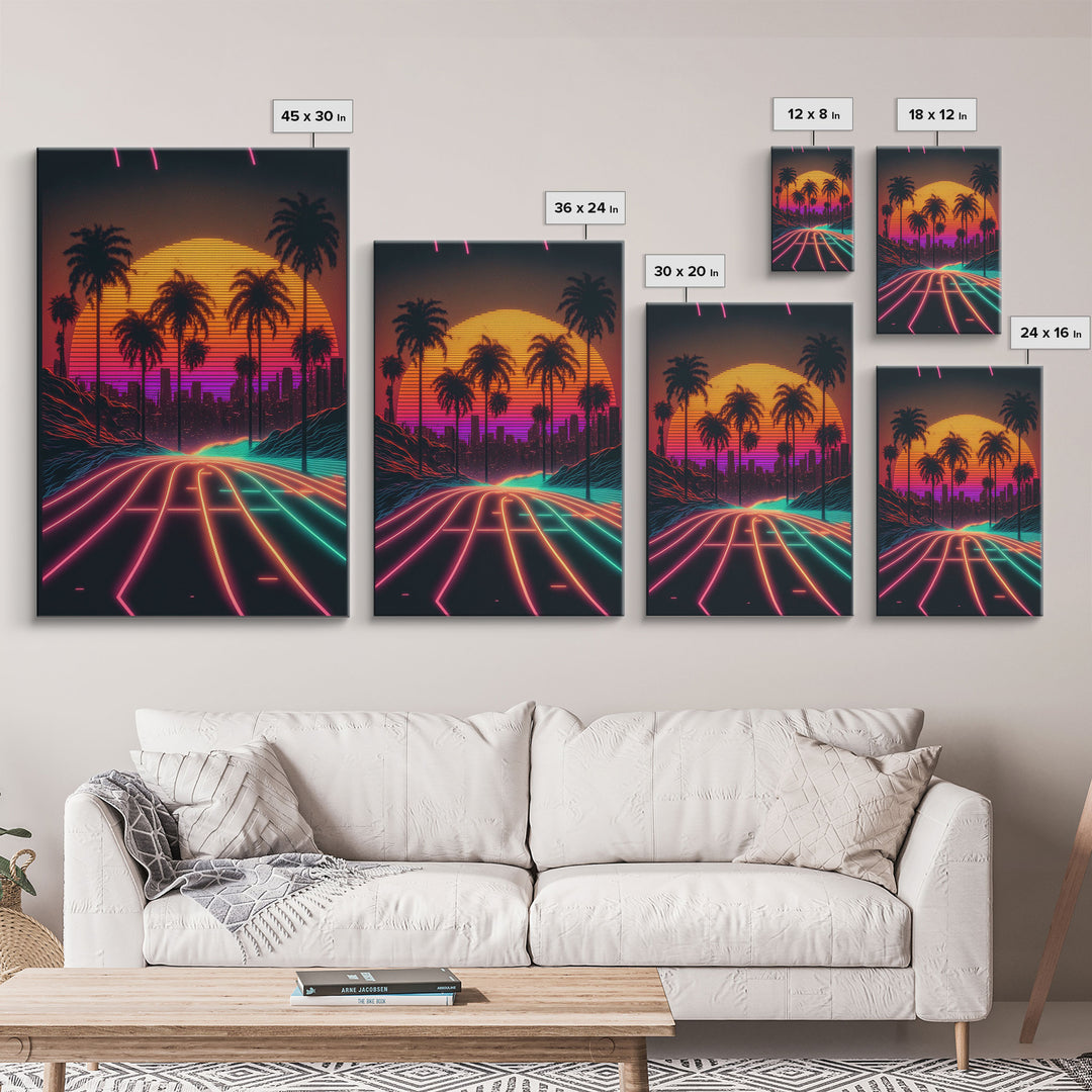 Neon Wireframe Road at Sunset, Outrun / Synthwave Palm Tree Art, 80s Retro Inspired Art, Framed Canvas Print