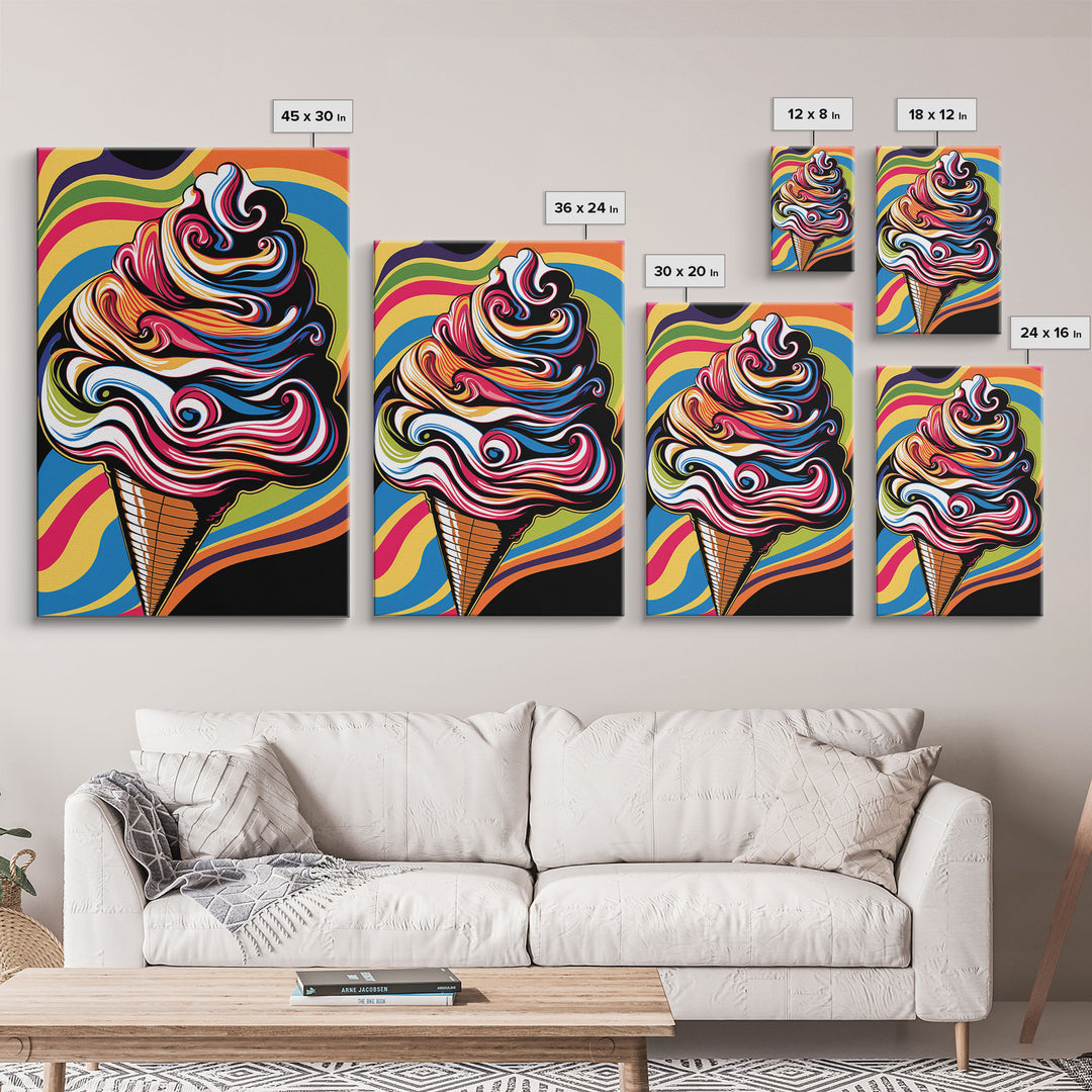 Pop Art Ice Cream, Psychedelic Ice cream cone, framed canvas print, large wall art, wall decoration