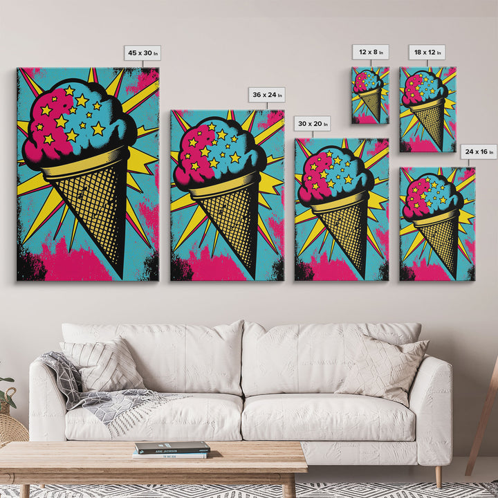 Pop Art Ice Cream, Psychedelic Ice cream cone, framed canvas print, large wall art, wall decoration, ice cream shop art