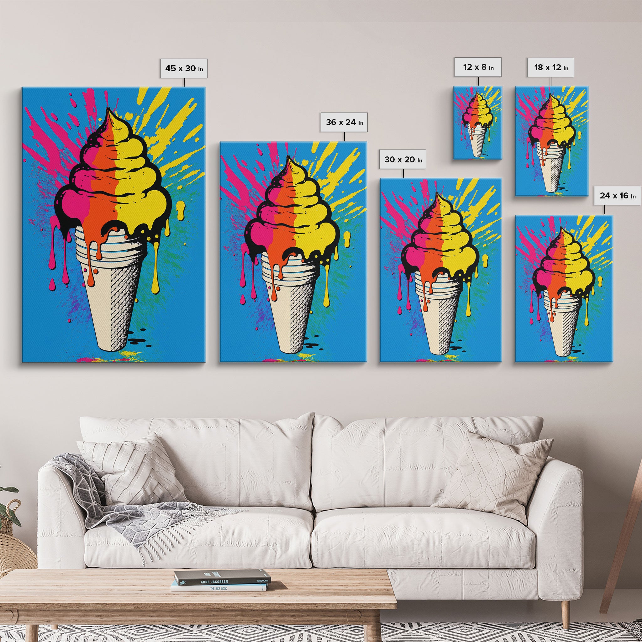 Pop Art Graffiti Ice Cream, Framed Canvas Print, Unique Colorful Wall Art, Paint Splatter Graffiti art, large wall art home decor