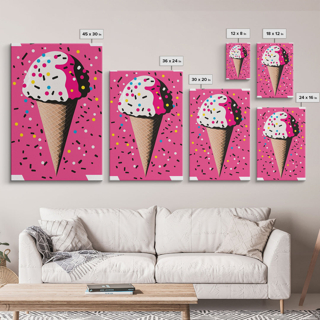 Pop Art Graffiti Ice Cream With Sprinkles, Framed Canvas Print, Colorful Wall Art, Paint Splatter Graffiti art, large wall art home decor