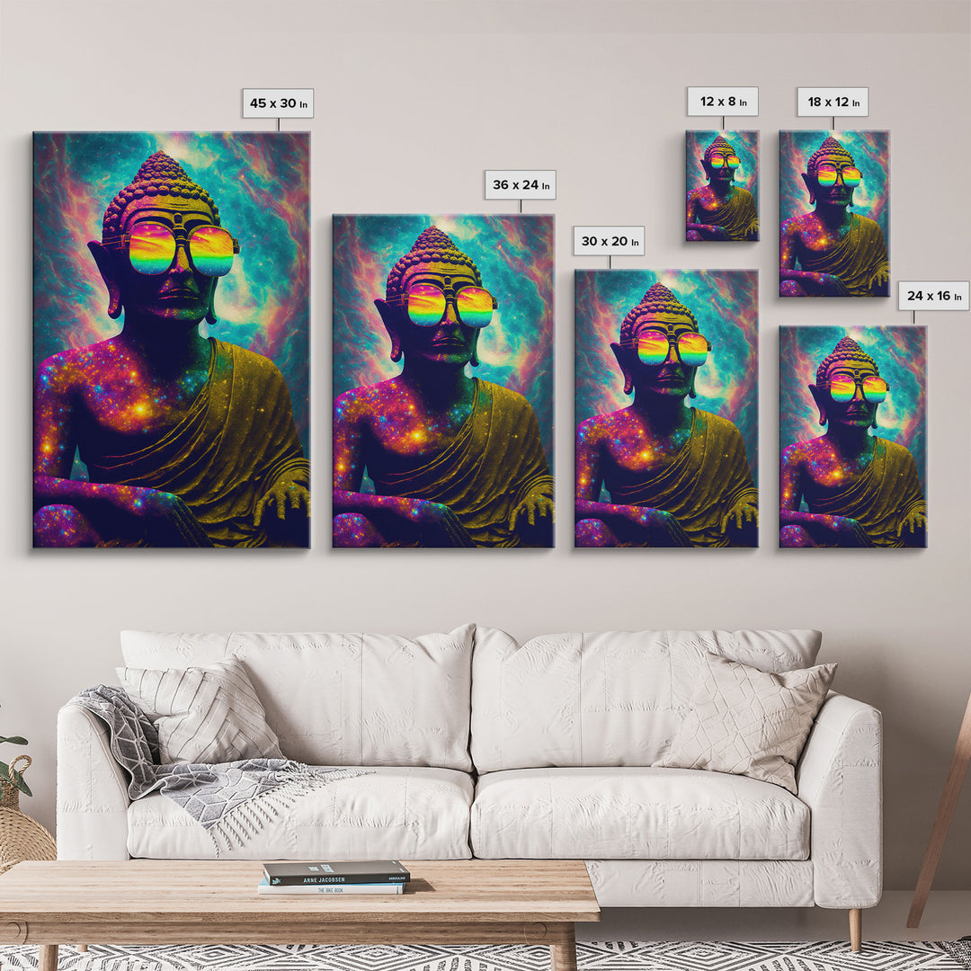 Open Your Mind, Psychedelic Buddha Wearing Aviators / Sunglasses, Meditation Art, Framed Canvas Print, Color Pop Art