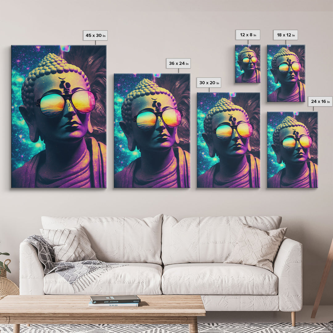 Open Your Mind, Psychedelic Buddha Statue Wearing Aviators / Sunglasses, Meditation Art, Framed Canvas Print, Color Pop Art