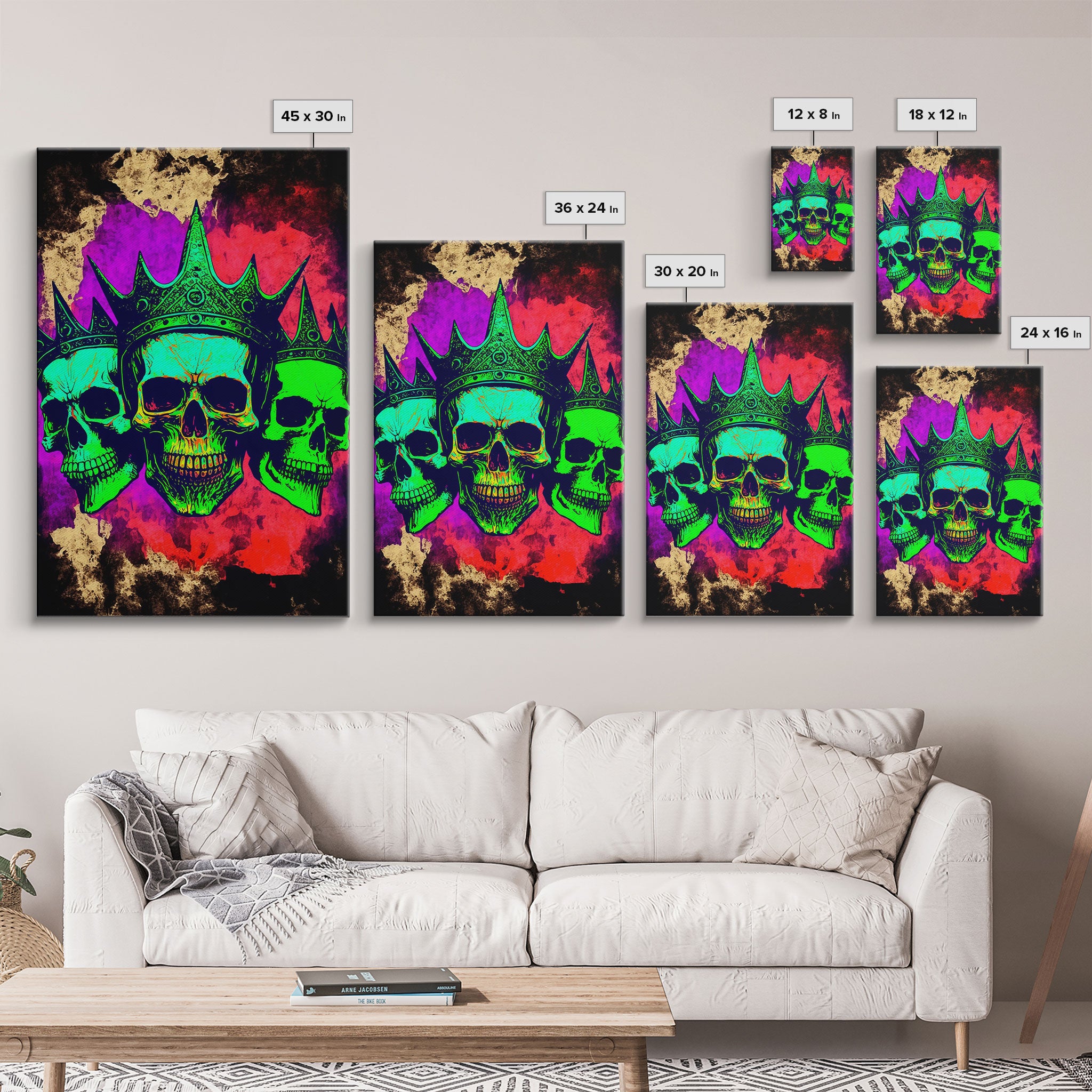 Psychedelic Skull With The Gold Crown, Framed Canvas Print, Unique Fantasy Undead Wall Art, Trippy Art