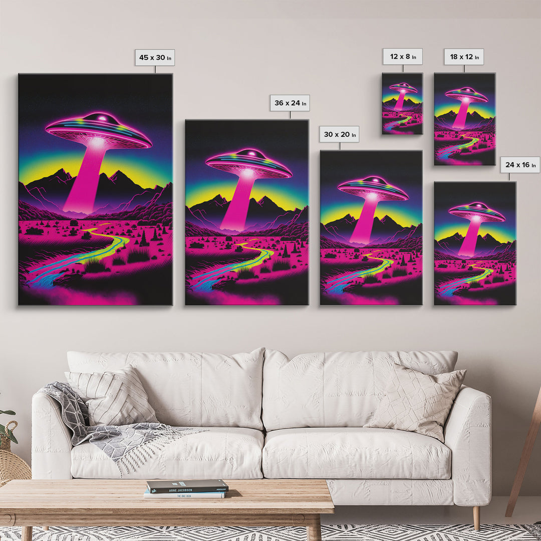 Psychedelic UFO Art, The Abduction, Retro 80s Style Scifi Art, Framed Canvas Print