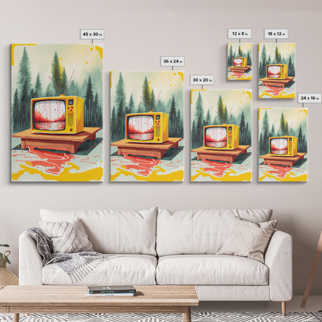 Abstract Surreal Landscape Art, Framed Canvas Print, Retro TV in a Forest, Weird / Strange Home Decor