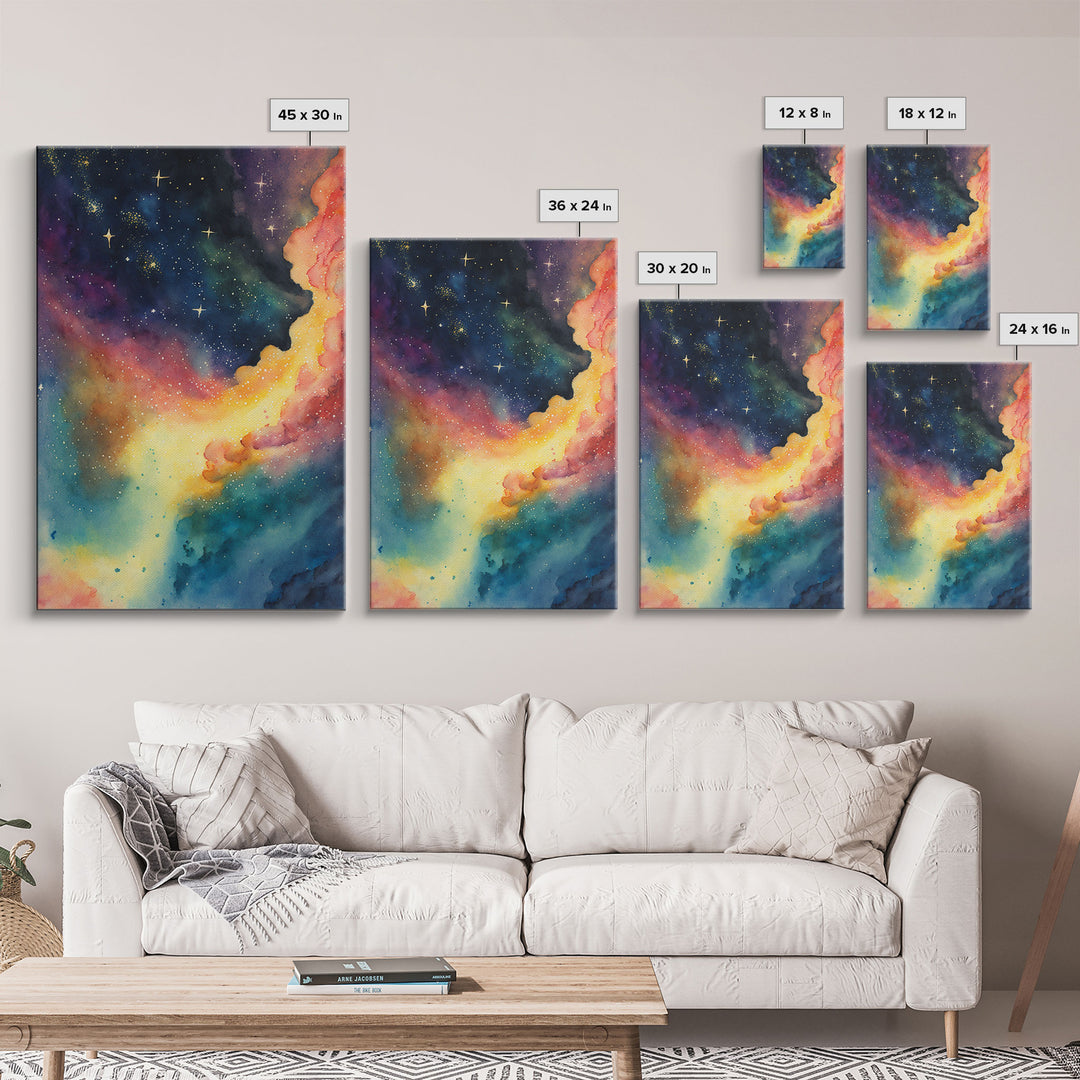 The Rainbow Nebula, Deep Space Art, Framed Canvas Print, Watercolor Painting of Space