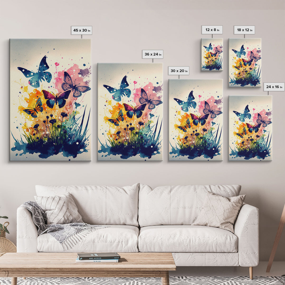 Watercolor Painting Of Butterfly and Wild Flowers, Framed Canvas Print, Colorful Living Room Wall Arrt