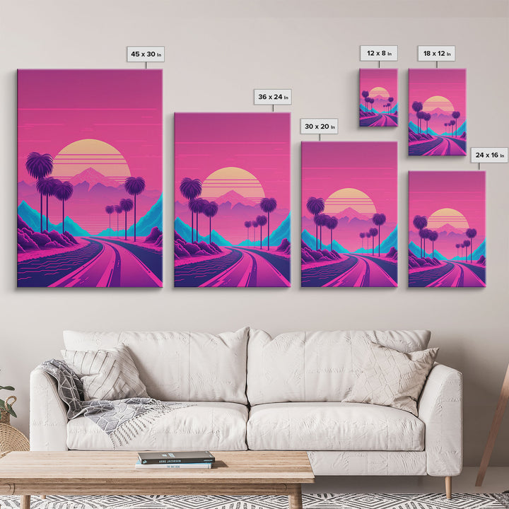 Retro Synthwave 80s Vibes Sunset Over The Mountains and Palm Trees, Highway, Framed Canvas Print