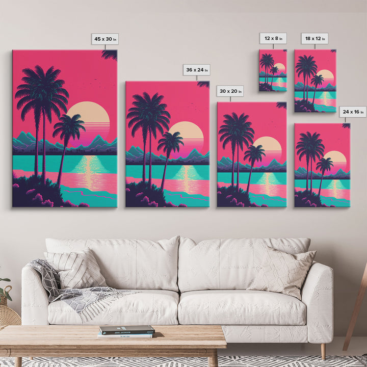 Retro Synthwave 80s Vibes Sunset Over The Mountains and Palm Trees, Highway, Framed Canvas Print