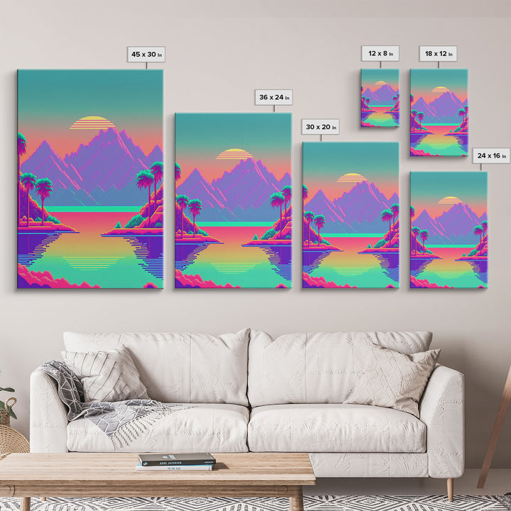 Retro Vaporwave Aesthetic Pixel Art Sunset, Turquoise and Pink Fantasy Landscape Art, Gamer Decor, Game Room Art