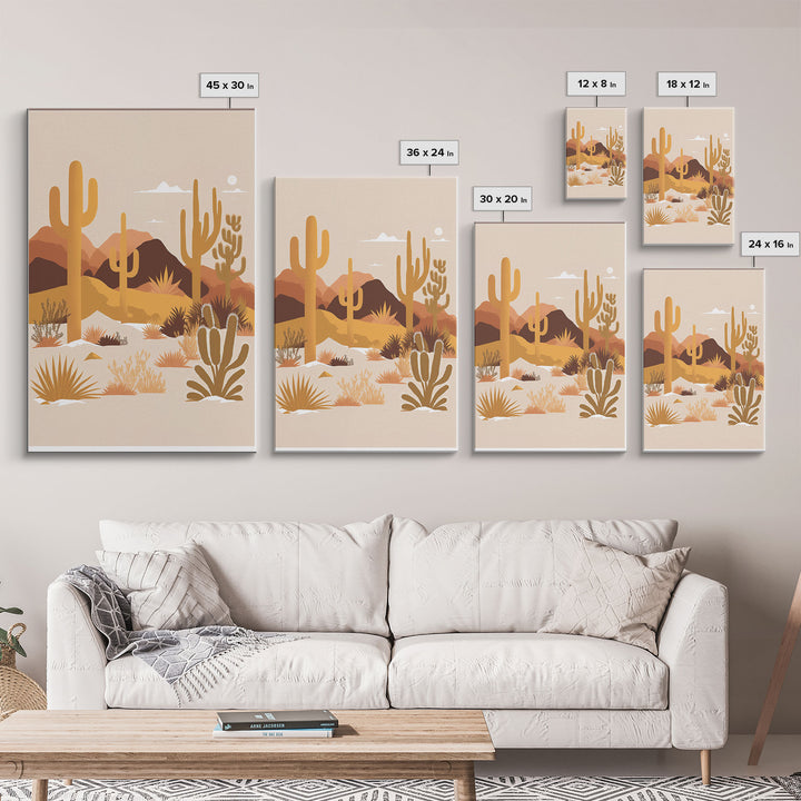 Boho Style Desert Art, Framed Canvas Print, Pueblo Style Cactus and Desert Landscape Art