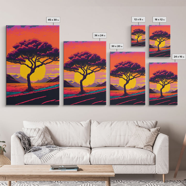 Weeping Willow At Sunset, Retro Style MCM Art, Framed Canvas Print, Trendy Wall Prints, Landscape and Sunset Outrun Art