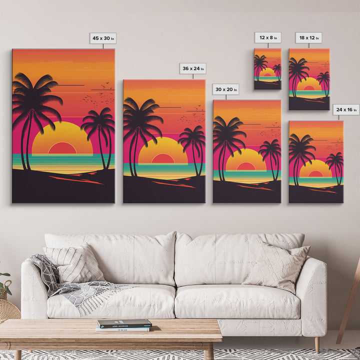 Retro Beach Vibes, Palm Trees at Sunset, Retrowave Landscape Art, Framed Canvas Print,  Florida Art, California Art, Game Room Decor