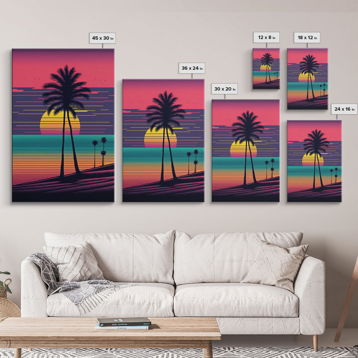 Framed Canvas Print | Synthwave Sunset with Palm Trees | Home Decor | Ready to Hang | Retro Style Decor