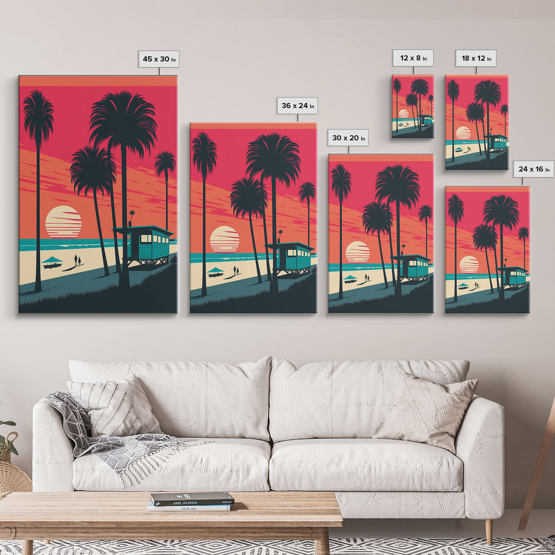 Retro Synthwave Art Deco Sunset Framed Canvas Print, Beaches, Palmtrees, Minimalist Style, Framed Art, Miami Art, California Decor