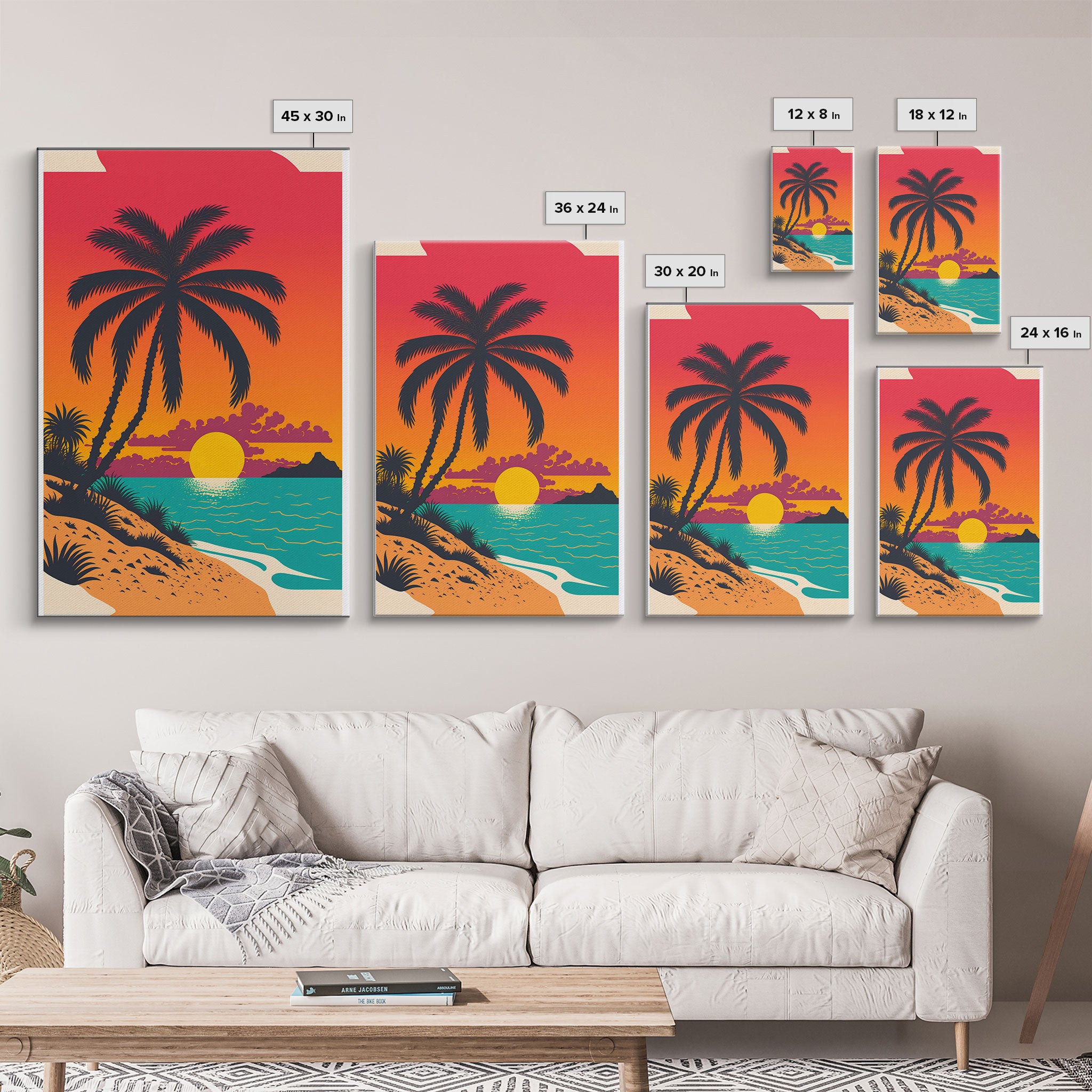 Framed Canvas Print - Art Deco Sunset, Beaches, Minimalist Palm trees - Island Vibes - Retro Tropical Art - Pop Art Beach Decor