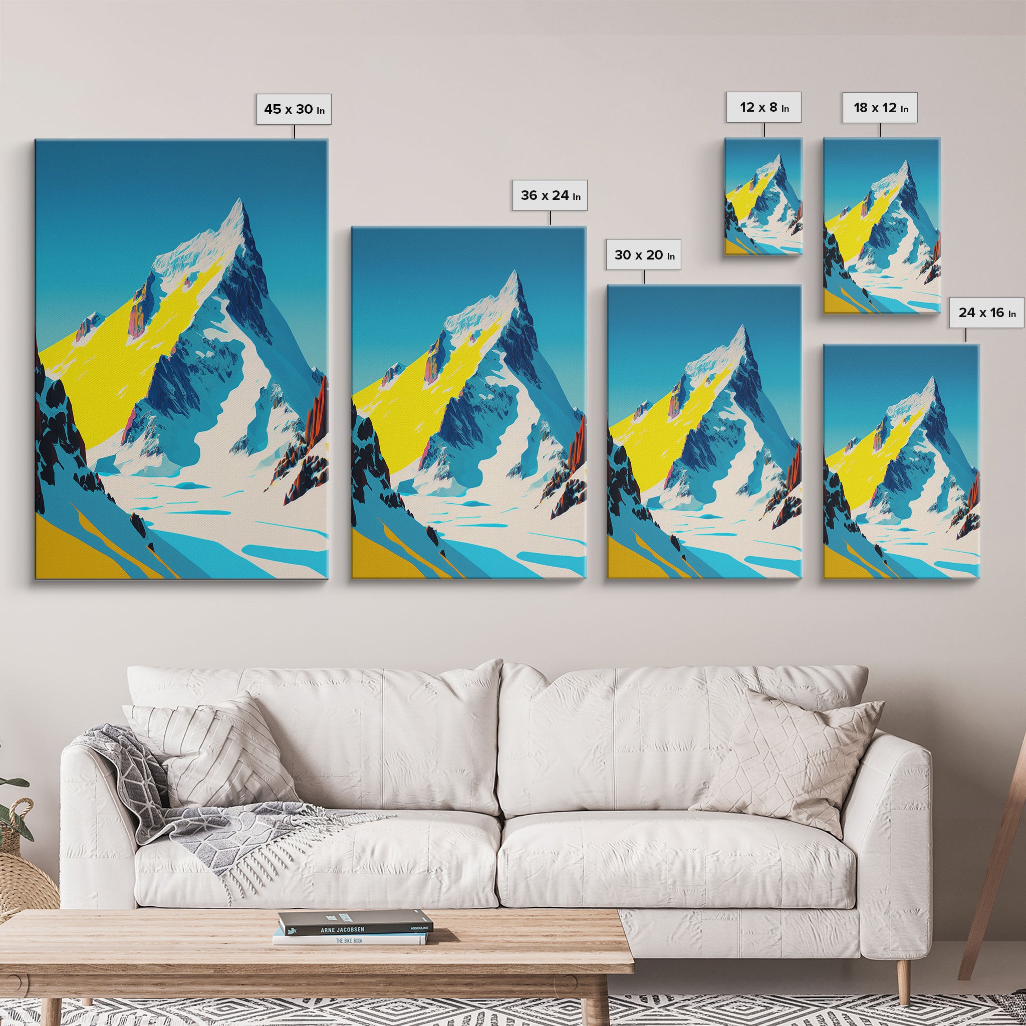 Retro Mount Everest Landscape Art, Framed Canvas Print, Retro Style Painting, Snow Capped Peaks, Orange Landscape, Minimalist MCM Art