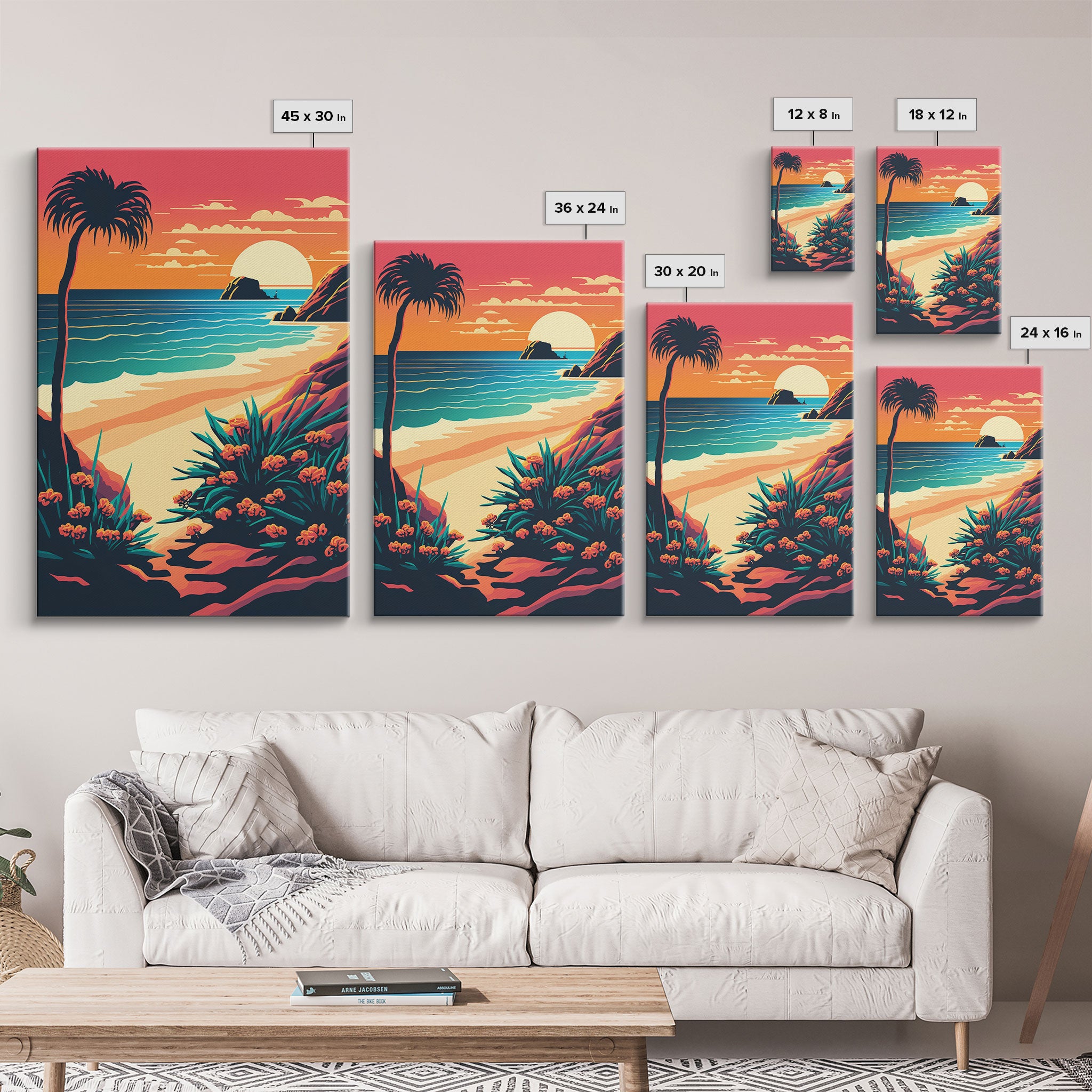 Framed Canvas Print | Art Deco Sunset, Beach, Palm Trees, Retro Style, Synthwave, Vaporwave, Island Vibes, Minimalist Beach Art