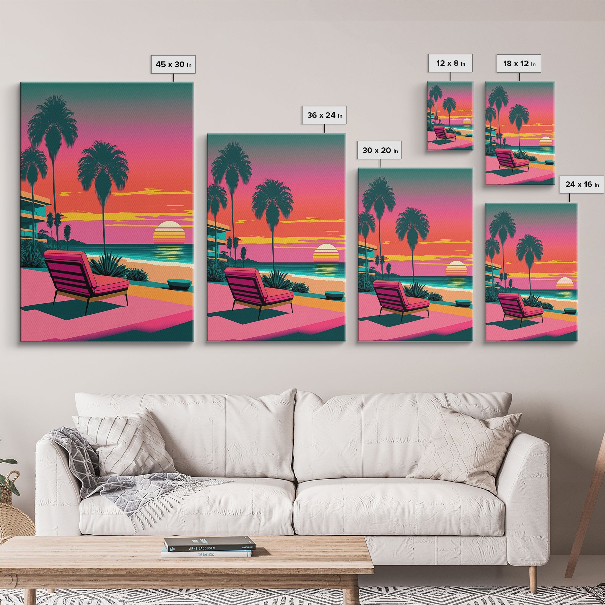 Framed Canvas Print – Art Deco Sunset Beach, Minimalist, Retro, Palm Trees, Synthwave, Vaporwave, Island Vibes, Lounging, Synthwave Deco