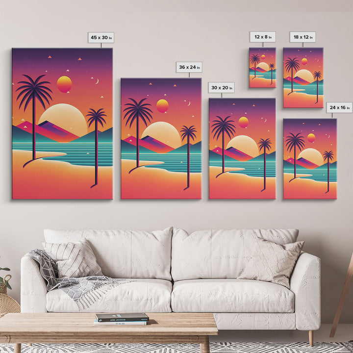 Framed Canvas Print | Art Deco Sunset | Retro Style | Palm Trees | Island Vibes | Desert Pyramids and Palm Trees | Desert Art