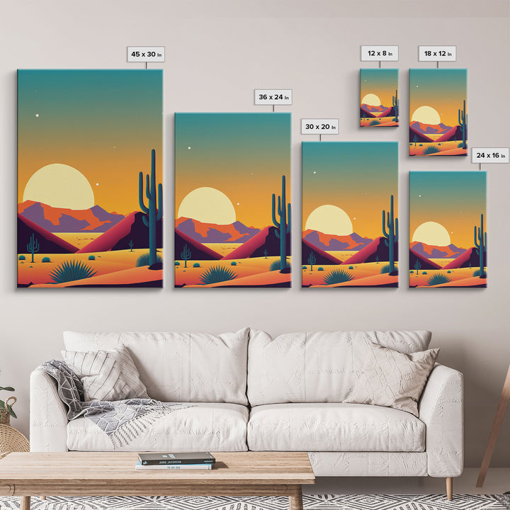 Framed Canvas Print - Pop Art Desert Landscape at Sunset - Ready to Hang Wall Art - Retro Desert Prints - Minimalist Art