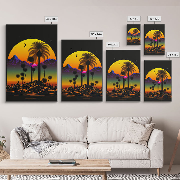 Pop Art Framed Canvas Print of Desert Landscape at Sunset, Outrun Style Sunset Full Moon Art, Unique 80s Vibe Retro Art